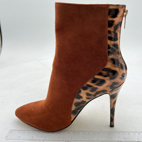 FSJ Brown High Heel Ankle Boots Leopard Print Pointed Toe Stilettos Zipper Shoes - Picture 2 of 8